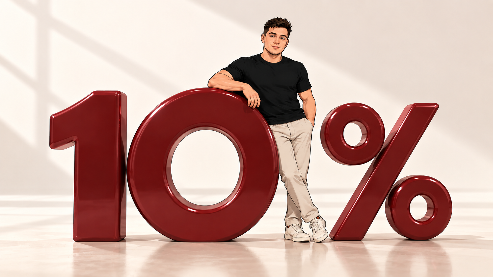 Виталий опирается на объёмную красную цифру ноль в композиции 10%